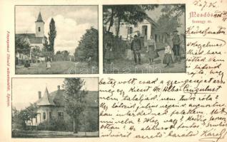 1906 Mosdós, templom, utcakép, falubeliek népviseletben, villa. Fénynyomat Divald műintézetéből