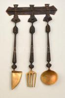 Pap Zoltán fémműves iparművész evőeszköz készlet, tartóval, bronz, jelzett, h: 28 cm