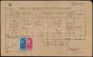 1929 Arad 2 db halotti bizonyítvány román okmánybélyegekkel