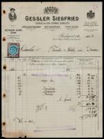 1912 Budapest, Gessler Siegfried Altvater Likőrgyár díszes fejléces számla, 10 F számlabélyeggel