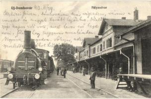 1913 Dombóvár, Újdombóvár vasútállomás, pályaudvar, vasutasok, gőzmozdony + Újdombóvár Pályaudvar pecsét