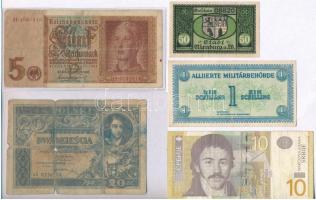 Vegyes: 5db-os papírpénz tétel, közte Lengyelország 1931. 20Zl, Német Harmadik Birodalom 1942. 5M, Ausztria / Szövetséges megszállás 1944. 1Sch T:II-III- Mixed: 5pcs of paper money, with Poland 1931. 20 Zlotych, German Third Reich 1942. 5 Mark, Austria / Allied Occupation 1944. 1 Schilling C:XF-VG