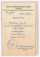 1970. "Felszabadulási Jubileumi Emlékérem" adományozói okirat és igazolvány T:1-