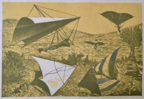 Németh András (1941- ): Repülök, színes linómetszet, papír, jelzett, sorszámozott (1/15), 24×36,5 cm