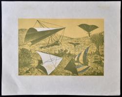 Németh András (1941- ): Repülök, színes linómetszet, papír, jelzett, sorszámozott (1/15), 24×36,5 cm