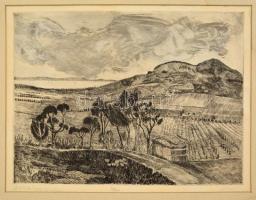 Blahos Rudolf (1917-1986): Balatonkörnyéki dombok, rézkarc, papír, jelzett, számozott (30/100), paszpartuban, 31,58×41,5 cm