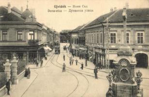 Újvidék, Novi Sad; Duna utca, sírkőraktár, villamos, szobor, Metzgen üzlete / street viw with shops, tram and statue, tombstone storage