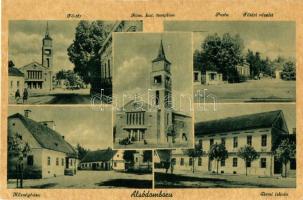 Alsódomboru, Donja Dubrava; Fő tér, Római katolikus templom, Posta,  Községháza, Elemi iskola. Kiadja Miszer Károly / main square, Catholic church, post office, town hall, elementary school