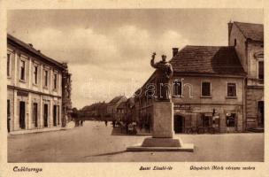 Csáktornya, Cakovec; Szent László tér, Gasparich Márk vértanú szobra, Kónya József üzlete, kerékpár / square, martyr statue, shops, bicycle (EK)