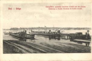 Dálya, Dalja, Dalj; Gőzkomp Gombos és Erdőd között a szabad Dunán. Josef Krausz 350. / Dampffähre zwischen Gombos-Erdőd auf der Donau / steam ferry with freight train between Bogojevo and Erdut on the Danube, locomotive