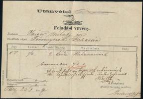 1867 A Középdunai Gőzhajózási Társaság feladási vevény / Bill of fright of Middle-Danube Steamship Company