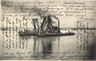 1911 Kiskőszeg, Batina (Darázs, Draz); kotróhajó a Dunán. Kiadja Borkovits Nándor / dredge over the Danube