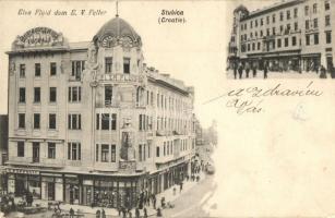 1907 Donja Stubica, Elsa Fluid dom E. V. Feller / mansion, shop of C. Poppovic, market. R. Mosinger 7051. + perfin bélyeg / perfin stamp "E F"