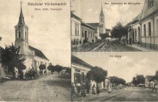 Vörösmart, Zmajevac; Római katolikus templom, Református templom és környéke, Fő utca, Kóbor József üzlete. Makart fényképész felvétele után / Catholic church, Calvinist church and its surroundings, main street, shop (fa)