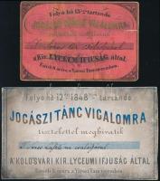 1848 Kolozsvár. Jogász bál meghívói. 10x7 cm 13,5x8 cm