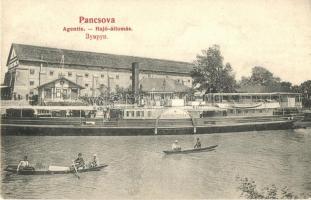 1906 Pancsova, Pancevo; Agentie / Hajóállomás, "Mátyás király" oldalkerekes gőzös, Népbank közraktára, csónakázók, gőzhajó. Kiadja Kohn Samu / ship station with Hungarian passenger steamship, bank's warehouse, rowing boats