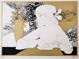 Szász Endre (1926-2003): Merengő lány, szitanyomat, papír, jelzett, számozott (56/100), 40×51,5 cm
