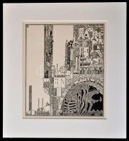 Kozma Lajos (1884-1948): Forgatag, cinkográfia, papír, jelzett a cinkográfián, paszpartuban, 20×17 c...