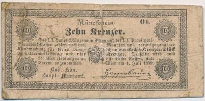 1849. 10kr "K. K. Hauptmünzamt Münzschein" T:III- szakadás Adamo G85