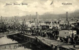 Zimony, Semlin, Zemun; Winterhafen / Téli kikötő, gőzhajók. Kiadja D. M. Levy. Photo Glanz / winter harbor, port, steamships