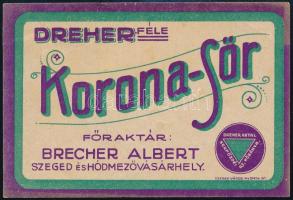 cca 1920 Szeged-Hódmezővásárhely, Brecher Albert - Dreher féle Korona-sör címke, Szeged, Szeged Városi Nyomda Rt., 8x12 cm