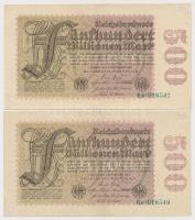 Németország / Weimari Köztársaság 1923. 500.000.000M (2x) egyugrásos sorszámkövetők T:II,II-  Germany / Weimar Republic 1923. 500.000.000 Mark (2x) sequential serials with one leap C:XF,VF Krause 110