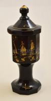 XIX. sz.: Kézzel festett fedeles fújt üvegpohár 24 cm