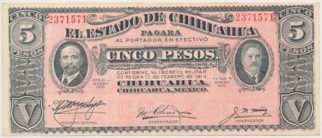 Mexikó / Forradalom / Chihuahua 1915. 5P hátoldalán fekete felülbélyegzés T:I-  Mexico / Revolution / Chihuahua 1915. 5 Pesos with black stamp on back C:AU  Krause S532.c