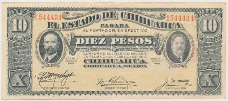 Mexikó / Forradalom / Chihuahua 1915. 10P hátoldalán piros felülbélyegzés T:II,II- Mexico / Revolution / Chihuahua 1915. 10 Pesos with red stamp on back C:XF,VF  Krause S534.