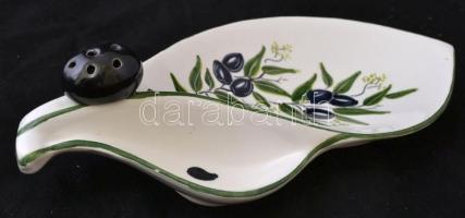 Dekoratív olajbogyós zöld-fehér tálka, kézzel festett, jelzés nélkül, kopásokkal, 25,5×12,5 cm