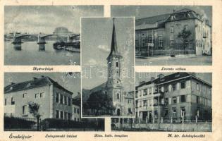 Érsekújvár, Nové Zámky; Nyitra folyó, Levente otthon, Leánynevelő intézet, Római katolikus templom, M. kir. dohánybeváltó / Nitra river, Hungarian Youth Association house, girls school, Catholic church, tobacco shop (EB)