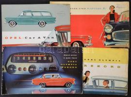 cca 1950-1960 4 db autó katalógus, prospektus, közte Opel Caravan, Opel Kapitan und Kapitan L, 2 db Opel Olympia Rekord, változó állapotban.