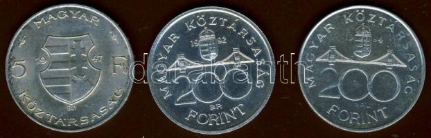 1947. 5Ft Ag "Kossuth" + 1992. 200Ft Ag "MNB" + 1994 200Ft Ag "Deák"  T:2, BU