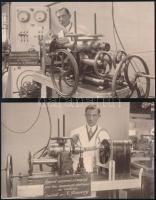 cca 1920 2 db fotó Romváry Emil mérnökről, találmányaival, egy franciaországi kiállításon, fotólapok, 8x13 cm