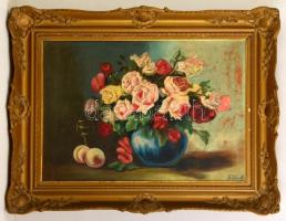 Fülöp jelzéssel: Virágcsendélet. Olaj, karton, kis festék kopásokkal, kereten apró hibákkal, 50×70 c...
