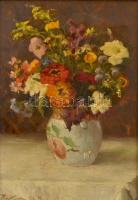 Rákosi Uitz János (1887-?): Virágcsendélet. Olaj, karton, jelzett, sérült keretben, 36×25 cm