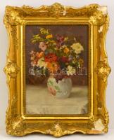 Rákosi Uitz János (1887-?): Virágcsendélet. Olaj, karton, jelzett, sérült keretben, 36×25 cm