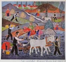 1978 Vankóné Dudás Juli (1919-1984) galgamácsai népművész, parasztfestő dedikációja a Tavaszi munka végzése régen c. festménye lenyomatán, jó állapotban, 25x28 cm