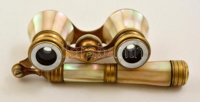 Gyöngyház berakásos réz színházi látcső, 16×10 cm