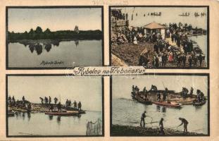 Trebon, Rybnik Svet. Nakl. Oldrich Semrád / Svet lake, fishing boats, fishermen, market on the shore (gyűrődés / crease)