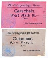 Német Birodalom / Berxen / Tiszti hadifogolytábor ~1914-1918. 1M + 10M mindkettő bélyegzéssel T:II German Empire / Berxen / Officer POW Camp ~1914-1918. 1 Mark + 10 Mark both with overprint C:XF