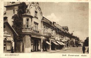 Rimaszombat, Rimavská Sobota; Deák Ferenc utca, Hitelintézet, üzletek, drogéria (gyógyszertár) / street view, bank, shops, drugstore, pharmacy (fa)