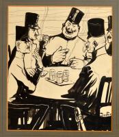 Jeney Jenő (1874-1942): Katonák az asztalnál. Tus, papír, kartonon, jelzett, paszpartuban, 28×23 cm