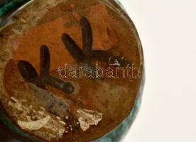 Zöld iparművész kerámia váza, jelzett, kis lepattanással, m: 14,5 cm