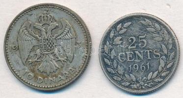 Vegyes: Jugoszlávia 1931. 10D Ag "I. Sándor" + Libéria 1961. 25c Ag T:2- patina
Mixed: Yu...
