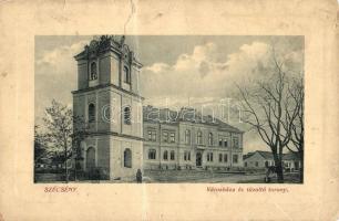 1912 Szécsény, Városháza és a tűzoltó torony. W. L. Bp. 4731. Kiadja Körmendy Géza (b)