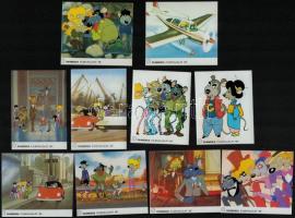1986 Macskafogó magyar rajzfilm jeleneteit ábrázoló matricák, 10 db különféle, Pannónia Filmvállalat, 7,5x8,5 és 9x7 cm