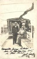 1915 Zrínyi Miklós oldalkerekes személyszállító gőzhajó, legénység kapitánnyal és kutyákkal / Hungarian passenger steamship, crew and captain with dogs on board. photo