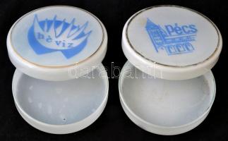 Pécs és Hévíz, 2 db üveg dobozka, kopásnyomokkal, d: 9,5 cm