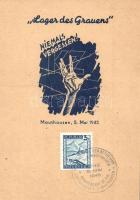 1945 Mauthausen, Lager des Grauens. Niemals vergessen! / Mauthausen Concentration Camp memorial art postcard. Camp of Horror + 1946 Anniversary of the liberation of K.Z. Mauthausen So. Stpl (non PC) (EK)